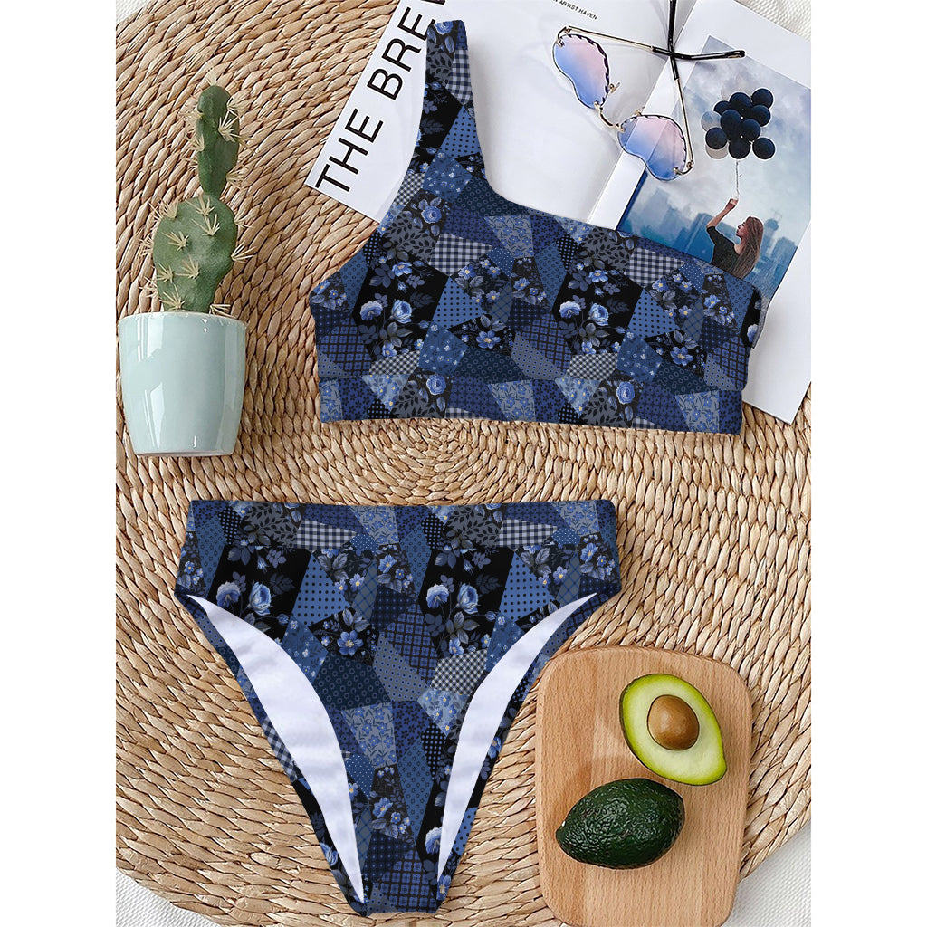 Blue Flower Patchwork Pattern Print One Shoulder Bikini Top