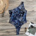 Blue Flower Patchwork Pattern Print One Shoulder Bodysuit