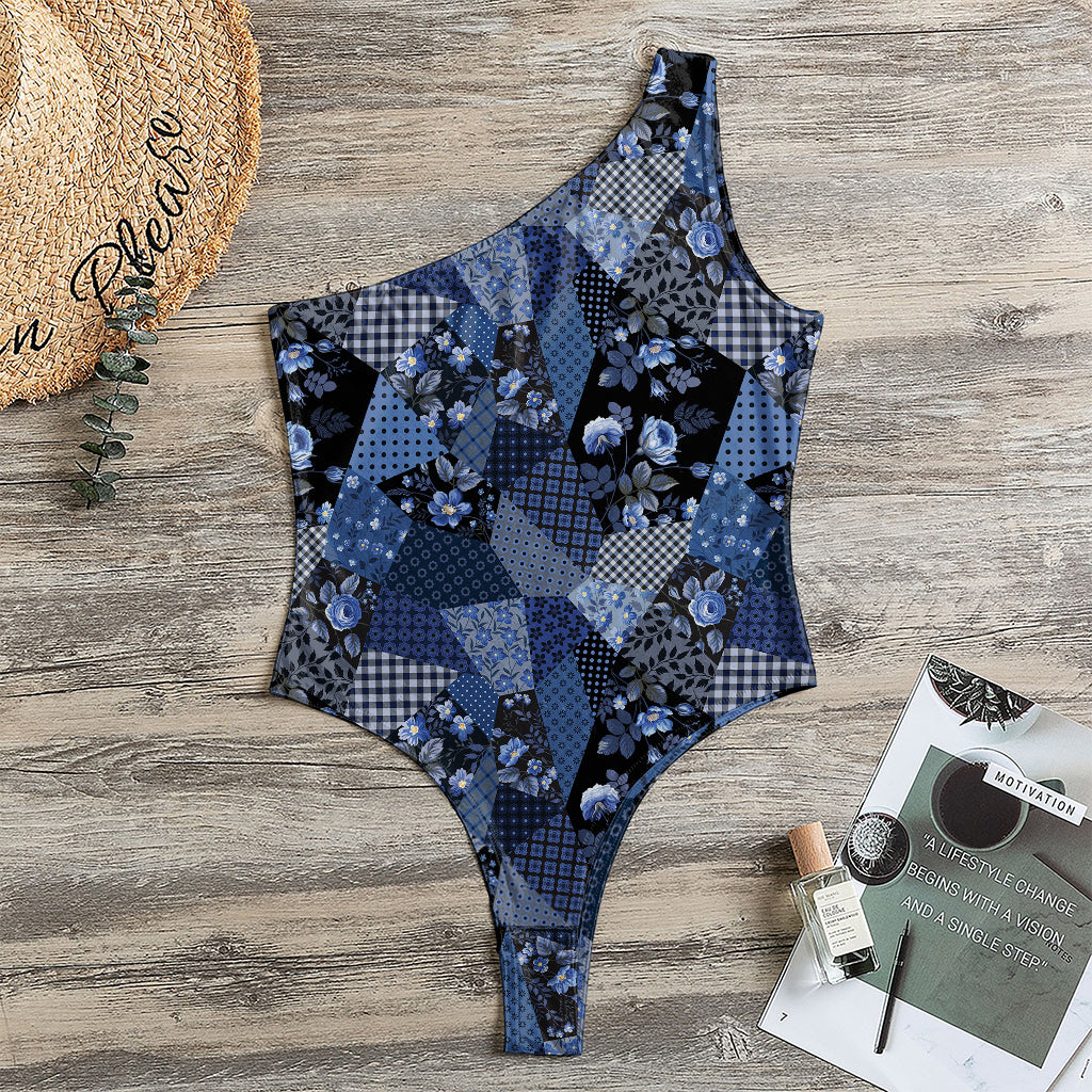 Blue Flower Patchwork Pattern Print One Shoulder Bodysuit