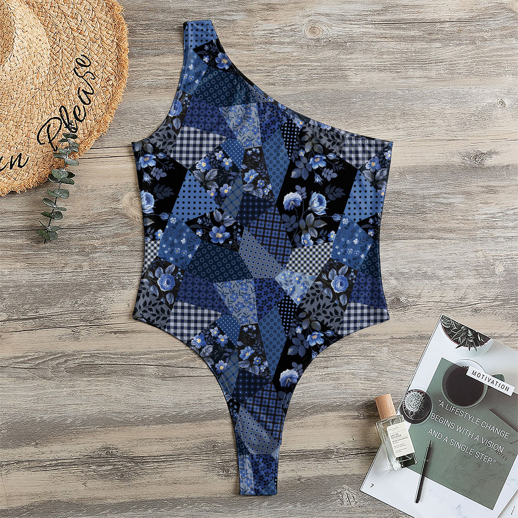 Blue Flower Patchwork Pattern Print One Shoulder Bodysuit