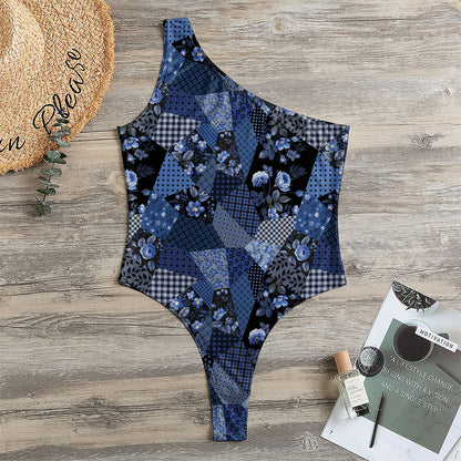 Blue Flower Patchwork Pattern Print One Shoulder Bodysuit