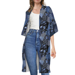 Blue Flower Patchwork Pattern Print Open Front Beach Cover Up
