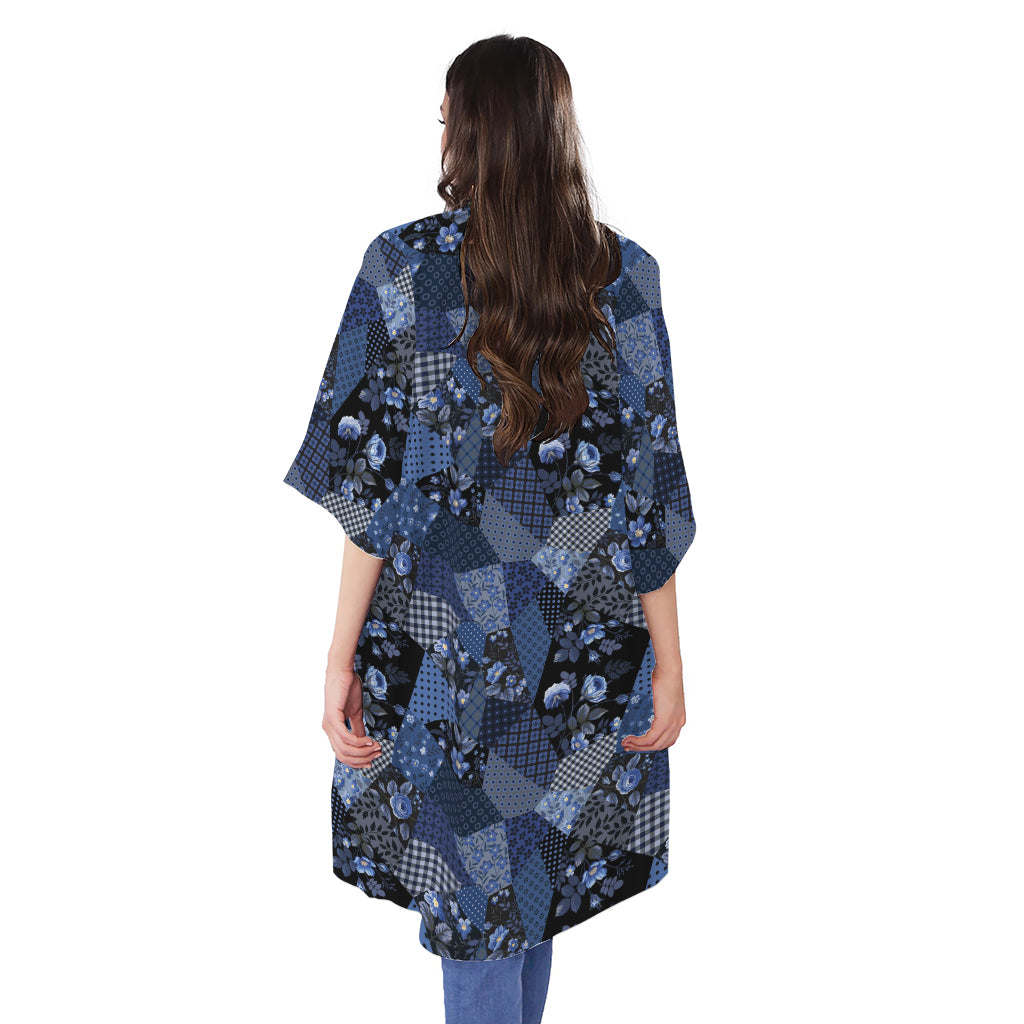 Blue Flower Patchwork Pattern Print Open Front Beach Cover Up