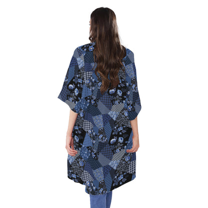 Blue Flower Patchwork Pattern Print Open Front Beach Cover Up