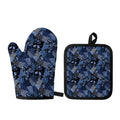 Blue Flower Patchwork Pattern Print Oven Mitt And Pot Holder Set