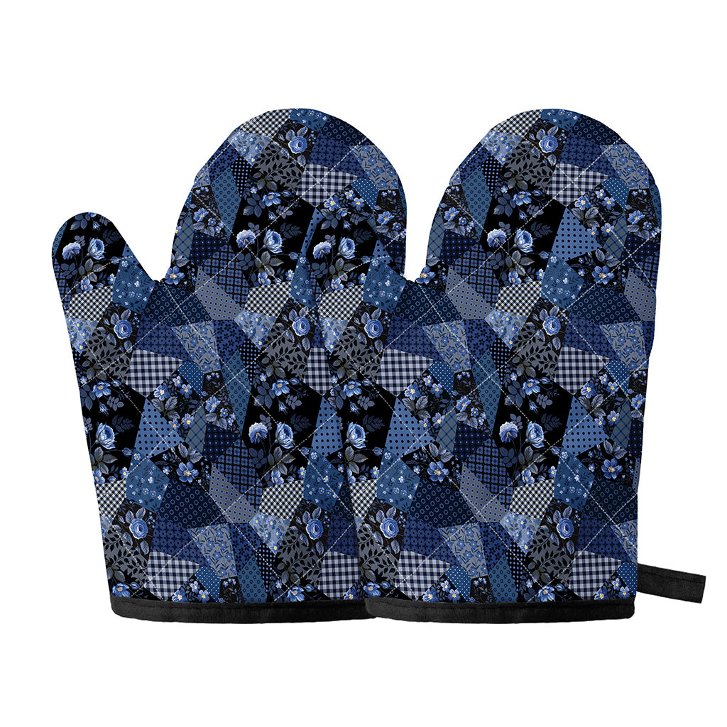 Blue Flower Patchwork Pattern Print Oven Mitts