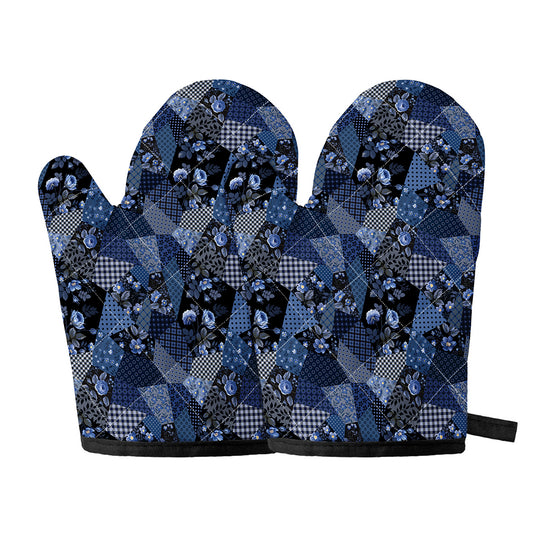 Blue Flower Patchwork Pattern Print Oven Mitts