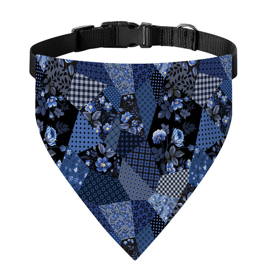 Blue Flower Patchwork Pattern Print Over The Collar Dog Bandana