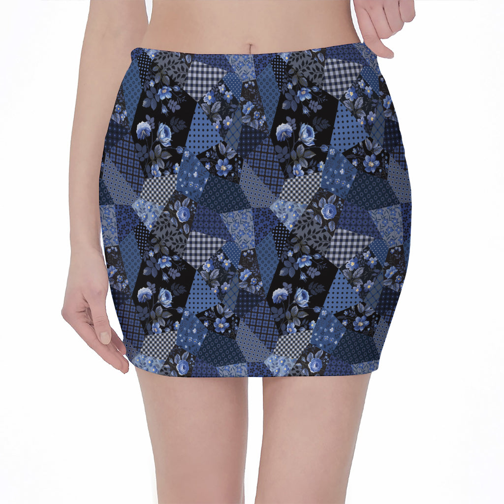 Blue Flower Patchwork Pattern Print Pencil Mini Skirt