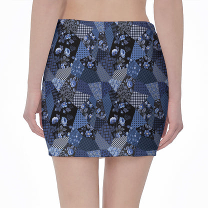 Blue Flower Patchwork Pattern Print Pencil Mini Skirt