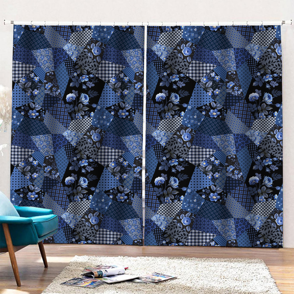 Blue Flower Patchwork Pattern Print Pencil Pleat Curtains