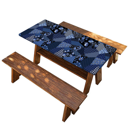 Blue Flower Patchwork Pattern Print Picnic Table Cover