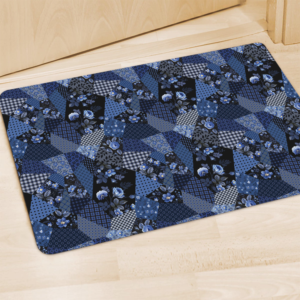 Blue Flower Patchwork Pattern Print Polyester Doormat