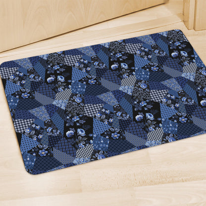 Blue Flower Patchwork Pattern Print Polyester Doormat