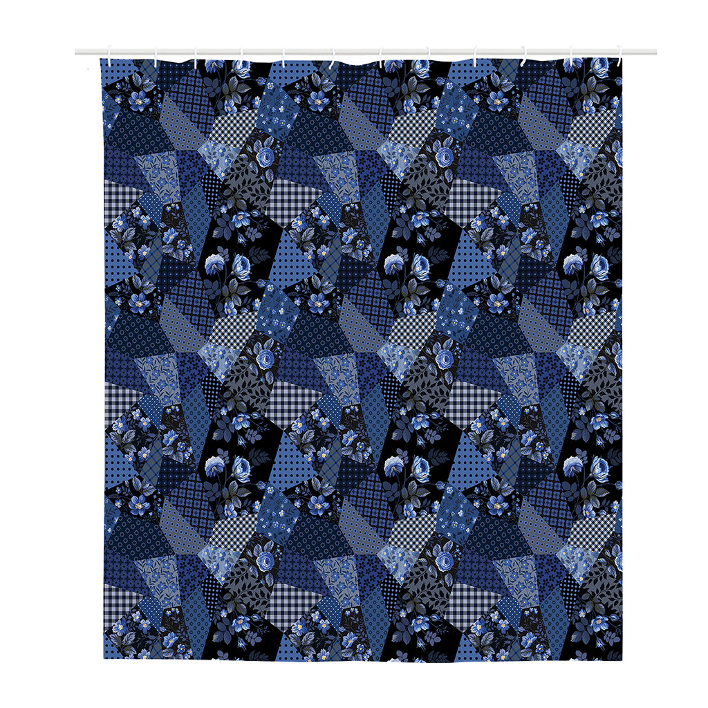 Blue Flower Patchwork Pattern Print Polyester Shower Curtain