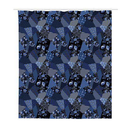 Blue Flower Patchwork Pattern Print Polyester Shower Curtain