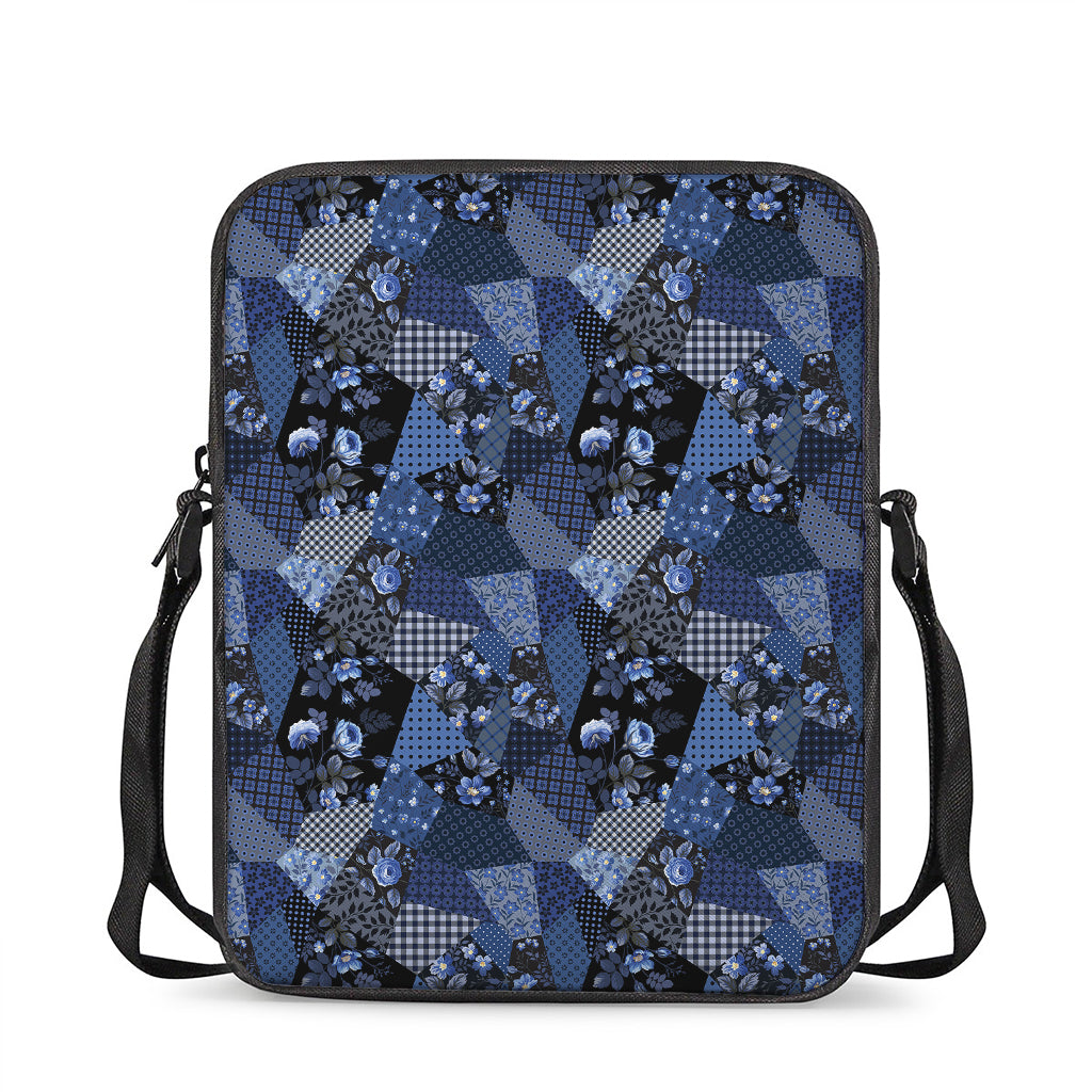 Blue Flower Patchwork Pattern Print Rectangular Crossbody Bag