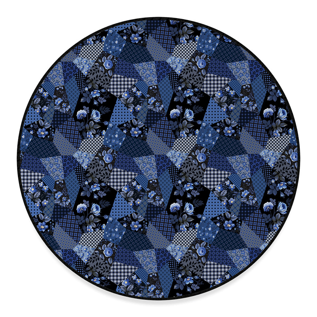 Blue Flower Patchwork Pattern Print Round Floor Mat