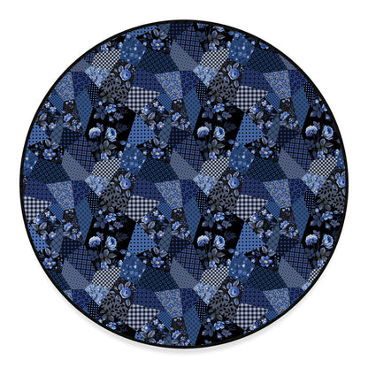 Blue Flower Patchwork Pattern Print Round Floor Mat