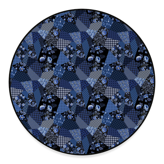 Blue Flower Patchwork Pattern Print Round Floor Mat
