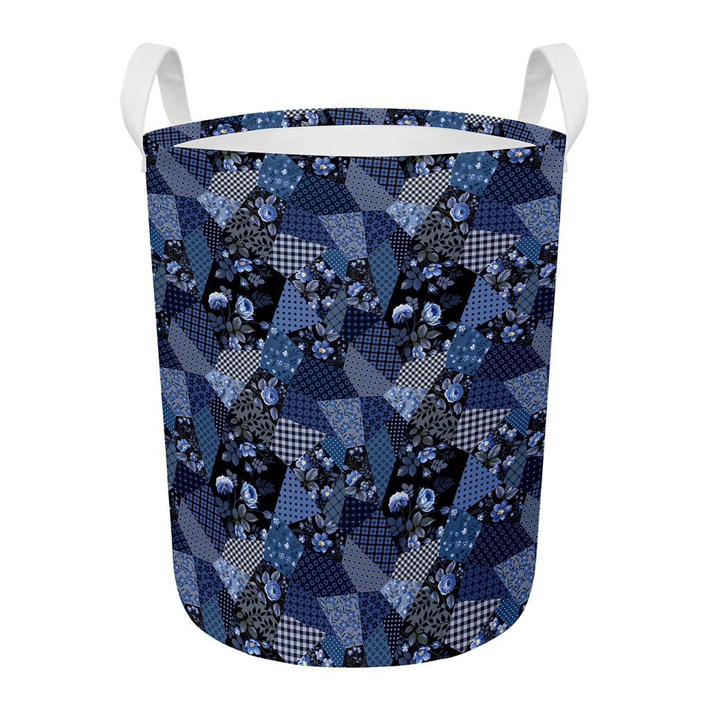 Blue Flower Patchwork Pattern Print Round Laundry Basket