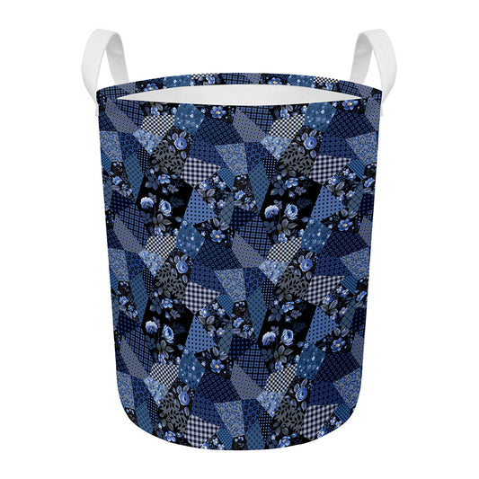 Blue Flower Patchwork Pattern Print Round Laundry Basket