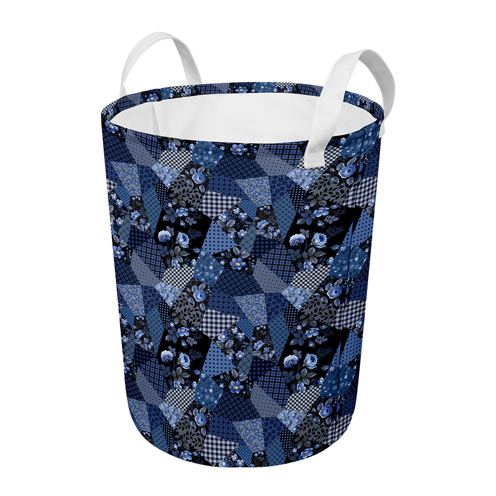 Blue Flower Patchwork Pattern Print Round Laundry Basket