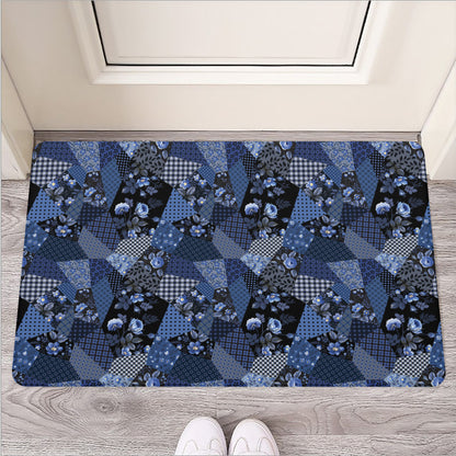 Blue Flower Patchwork Pattern Print Rubber Doormat
