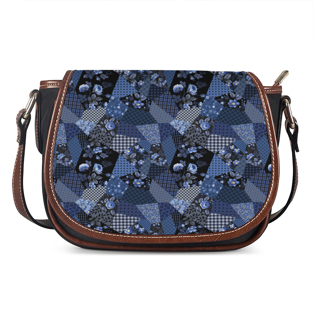 Blue Flower Patchwork Pattern Print Saddle Bag