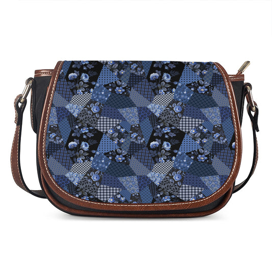 Blue Flower Patchwork Pattern Print Saddle Bag