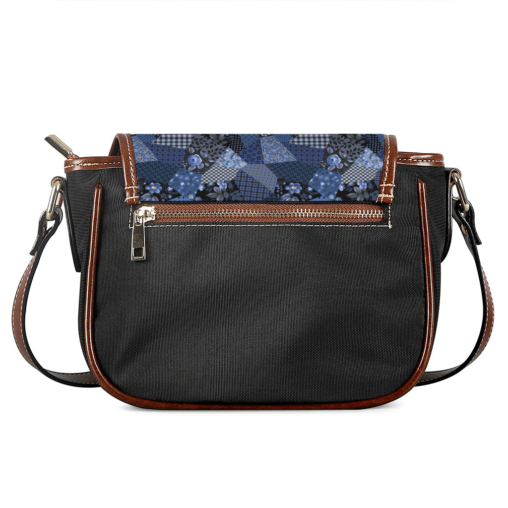 Blue Flower Patchwork Pattern Print Saddle Bag