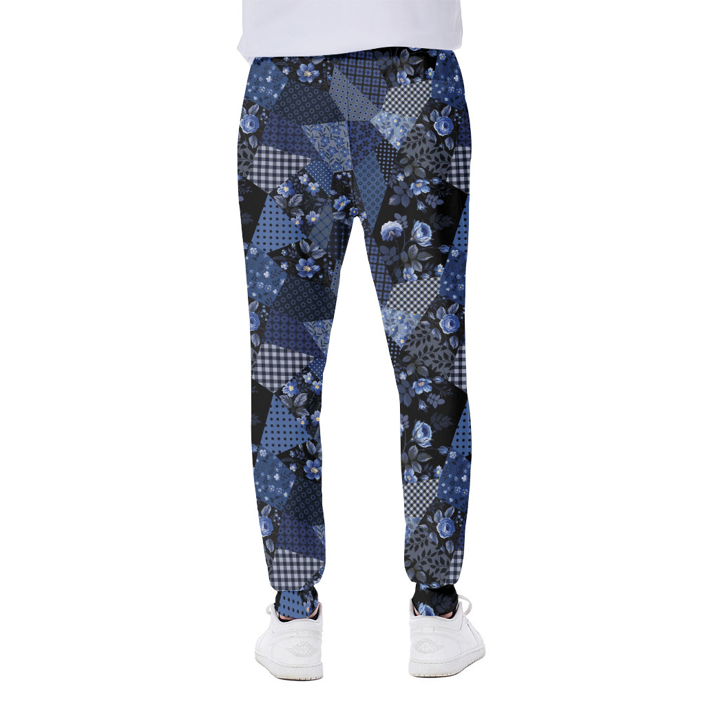 Blue Flower Patchwork Pattern Print Scuba Joggers