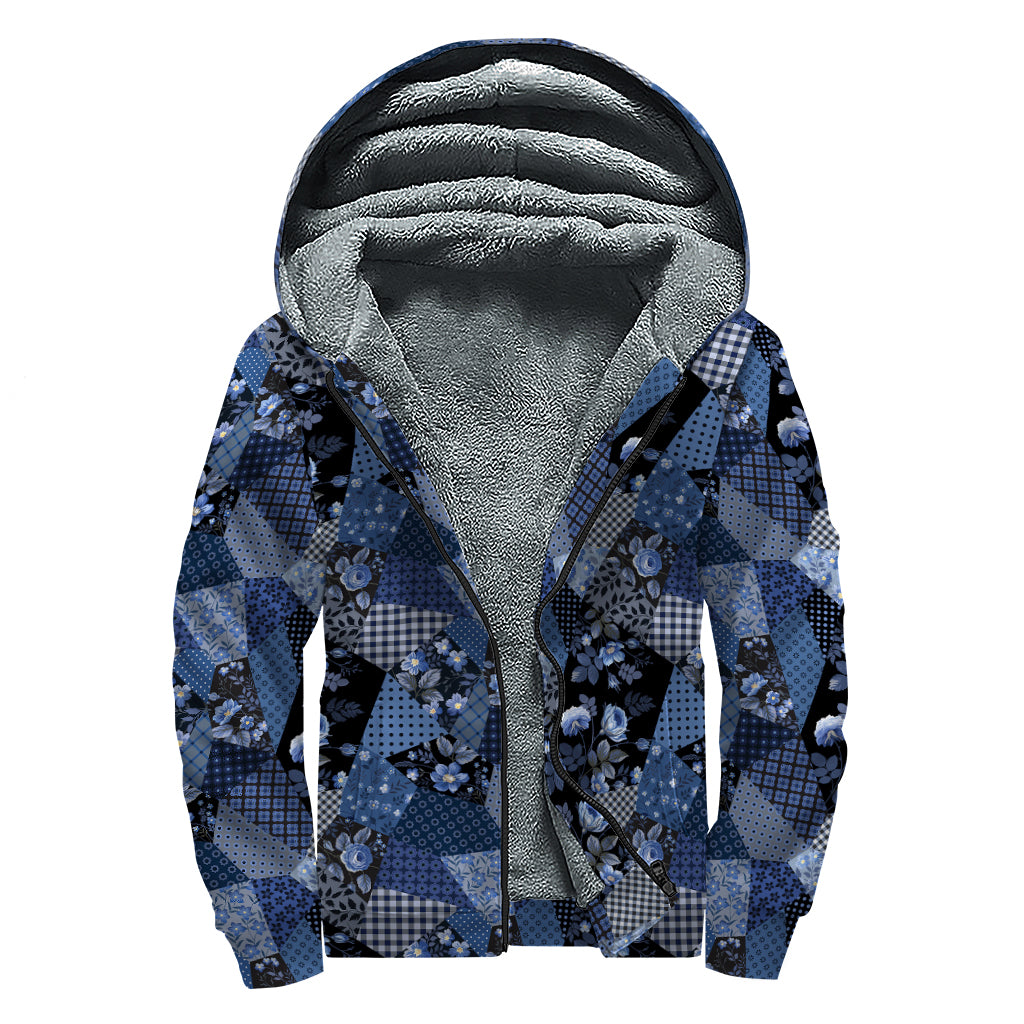 Blue Flower Patchwork Pattern Print Sherpa Lined Zip Up Hoodie
