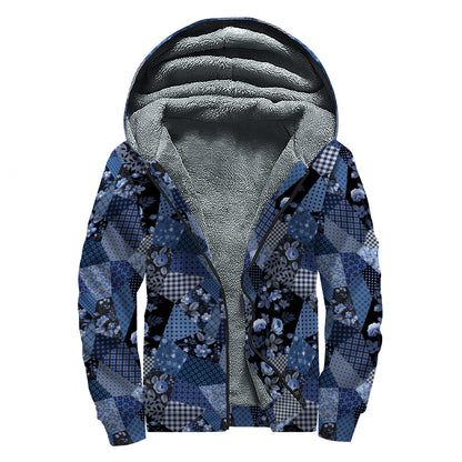 Blue Flower Patchwork Pattern Print Sherpa Lined Zip Up Hoodie