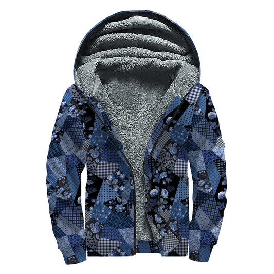 Blue Flower Patchwork Pattern Print Sherpa Lined Zip Up Hoodie