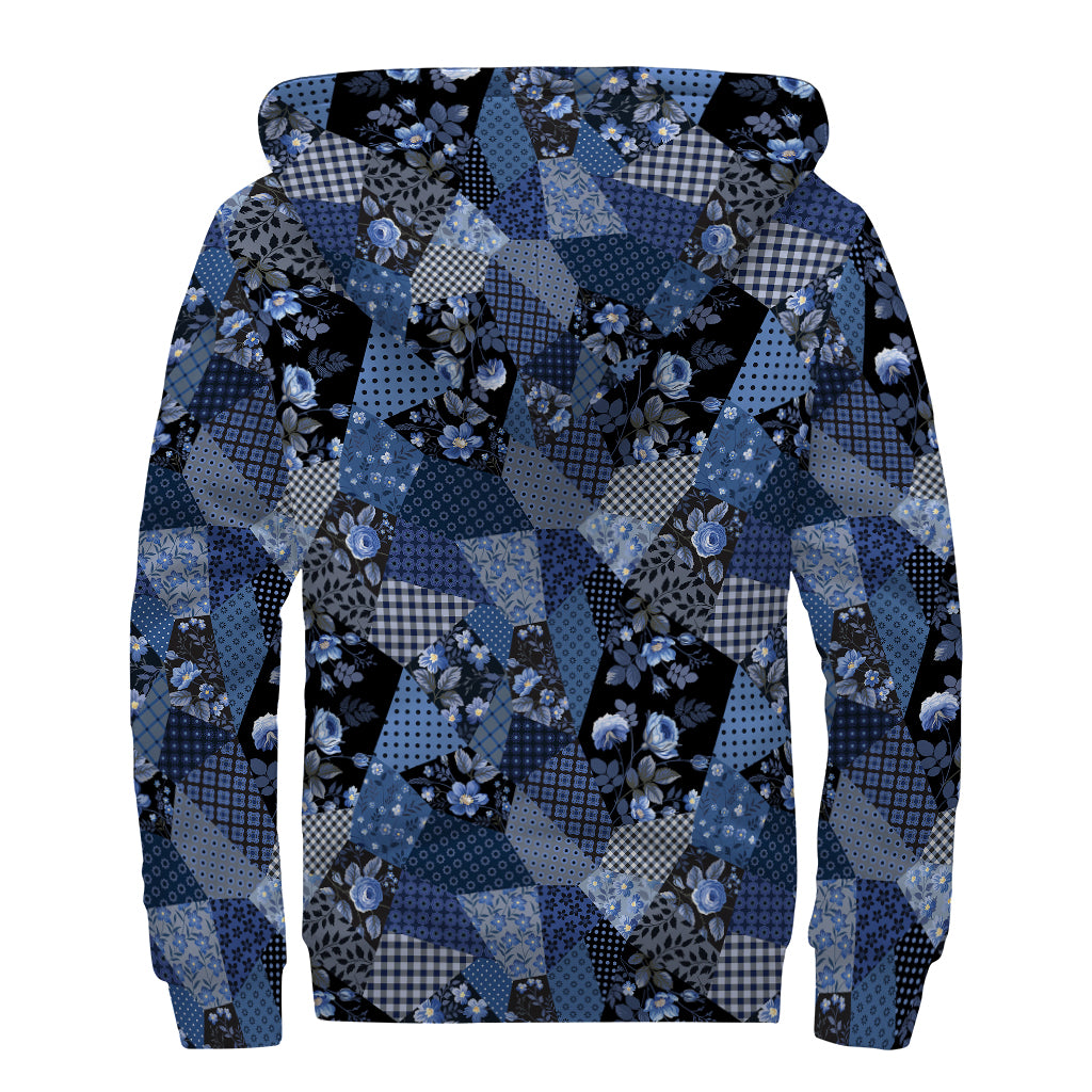 Blue Flower Patchwork Pattern Print Sherpa Lined Zip Up Hoodie