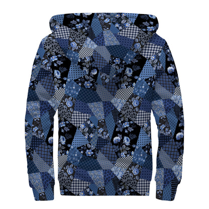 Blue Flower Patchwork Pattern Print Sherpa Lined Zip Up Hoodie