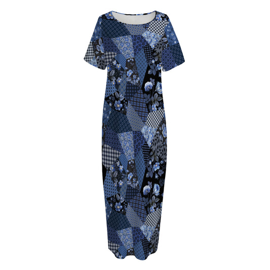 Blue Flower Patchwork Pattern Print Short Sleeve Long Nightdress