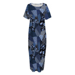 Blue Flower Patchwork Pattern Print Short Sleeve Long Nightdress