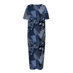 Blue Flower Patchwork Pattern Print Short Sleeve Long Nightdress