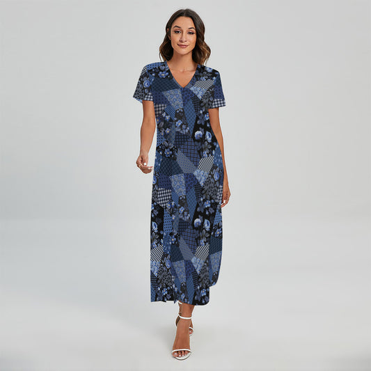 Blue Flower Patchwork Pattern Print Short Sleeve Maxi Dress