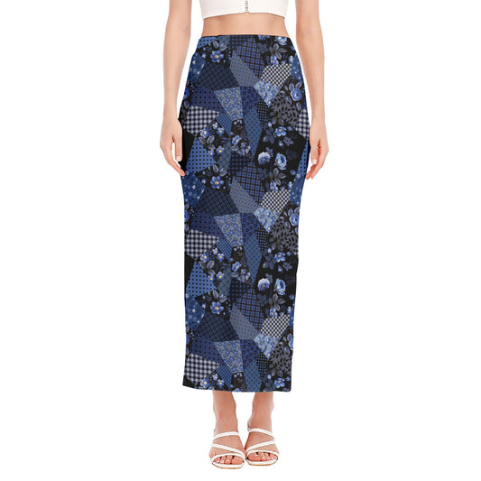 Blue Flower Patchwork Pattern Print Side Slit Maxi Skirt