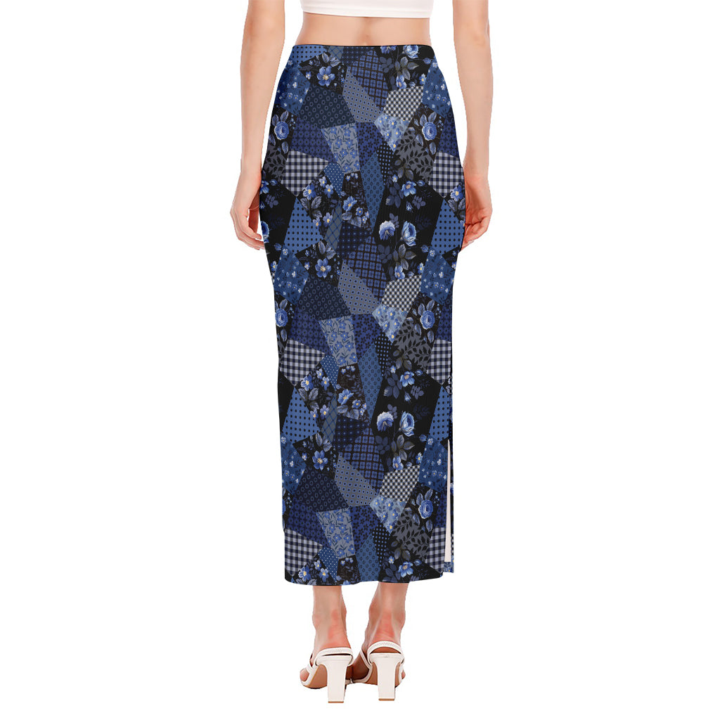 Blue Flower Patchwork Pattern Print Side Slit Maxi Skirt