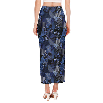 Blue Flower Patchwork Pattern Print Side Slit Maxi Skirt