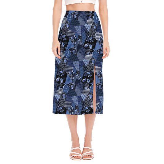 Blue Flower Patchwork Pattern Print Side Slit Midi Skirt