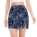 Blue Flower Patchwork Pattern Print Side Slit Mini Skirt