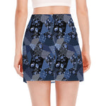 Blue Flower Patchwork Pattern Print Side Slit Mini Skirt