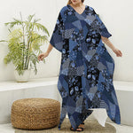 Blue Flower Patchwork Pattern Print Silk V-Neck Kaftan Dress