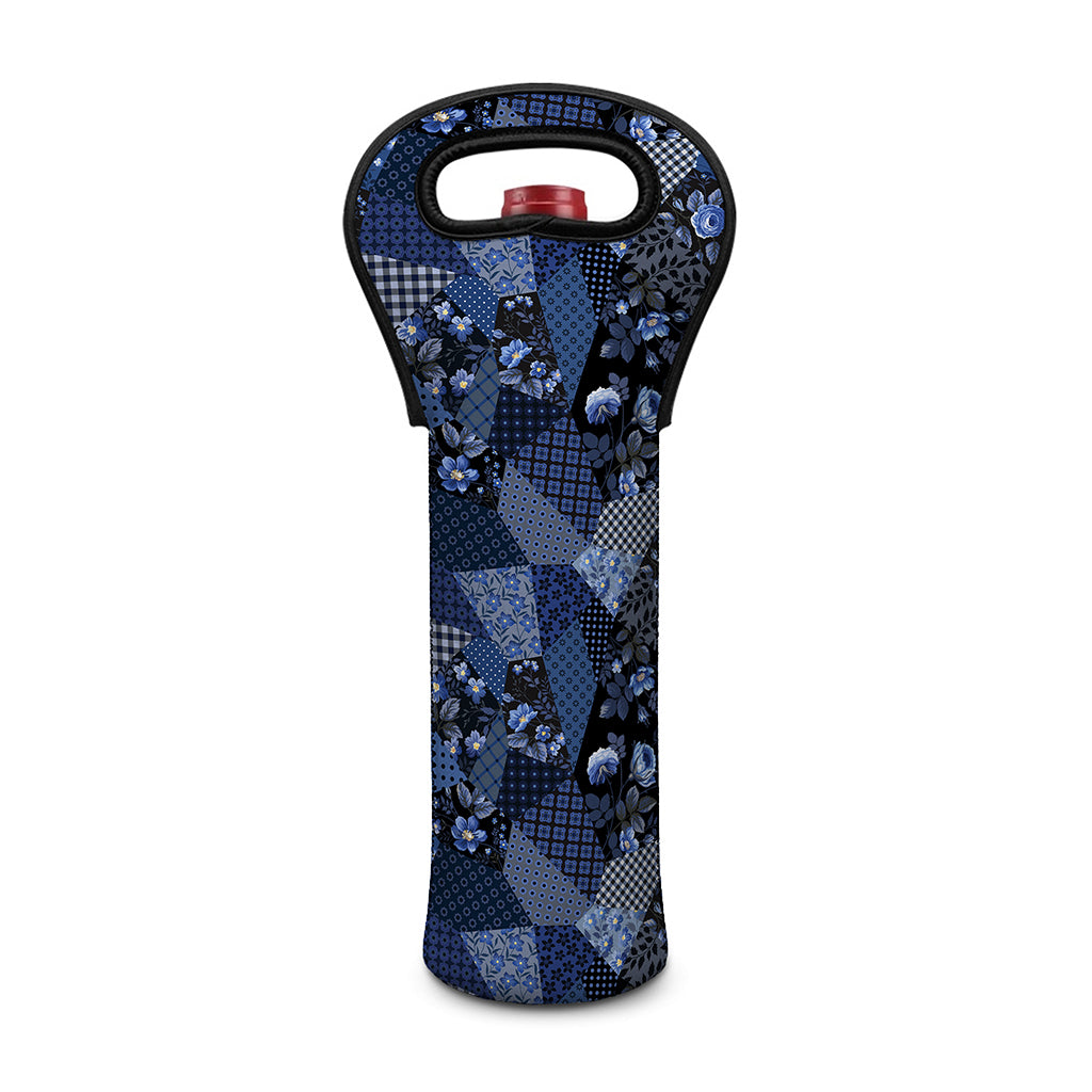 Blue Flower Patchwork Pattern Print Single Neoprene Wine Tote