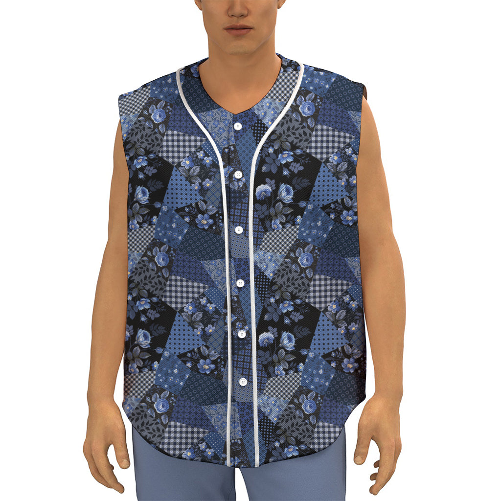 Blue Flower Patchwork Pattern Print Sleeveless Baseball Jersey
